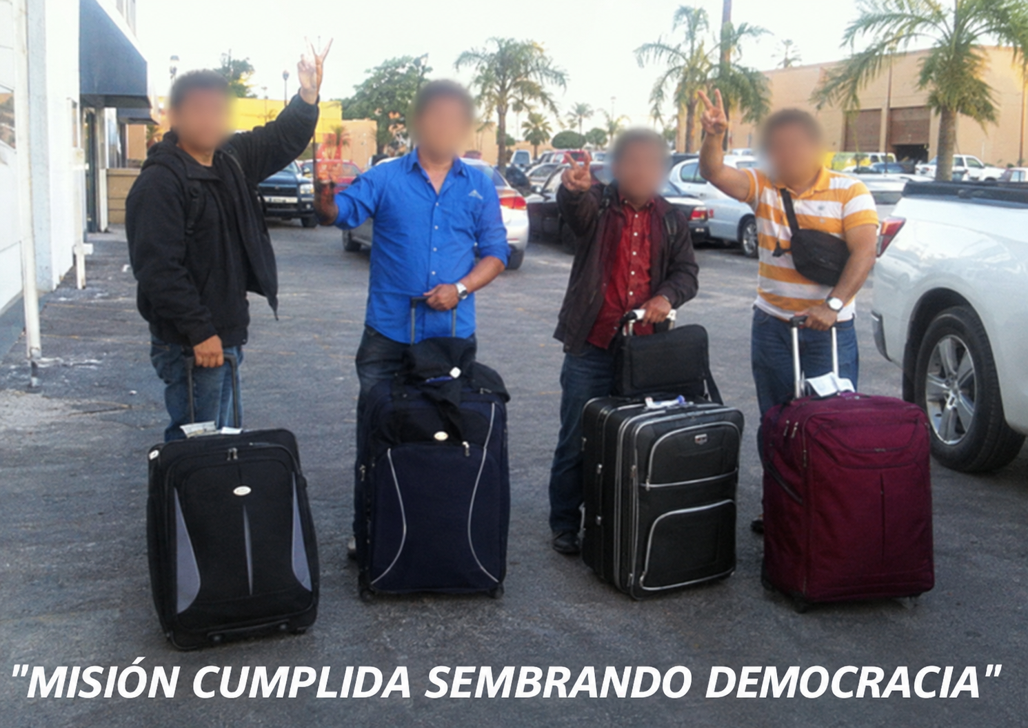 Four EF4D program participants returning with their luggage, with faces blurred for their protection